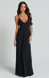Jacky Maxi Dress - Strappy Plunge Cross Back Tie A Line Dress in Black